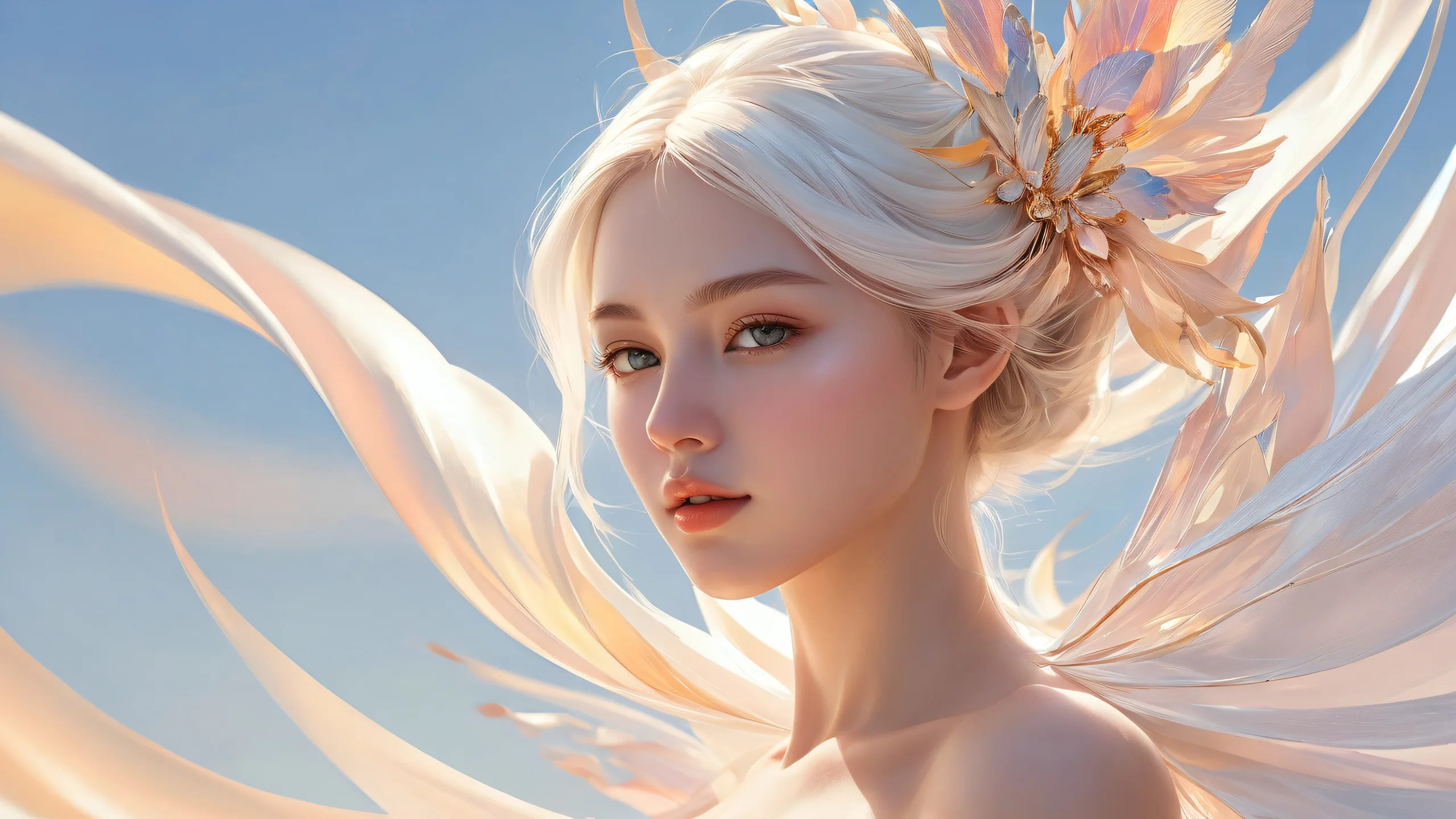 A stunning female figure set against a vast, pure void on a desktop/pc, with ethereal lighting and brilliant colors.