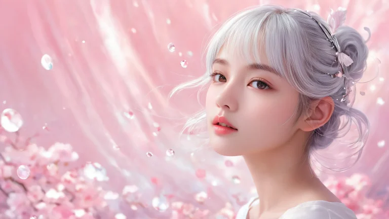 A stunning desktop wallpaper of a girl floating in a vast pure void with ethereal lighting and radiant colors.