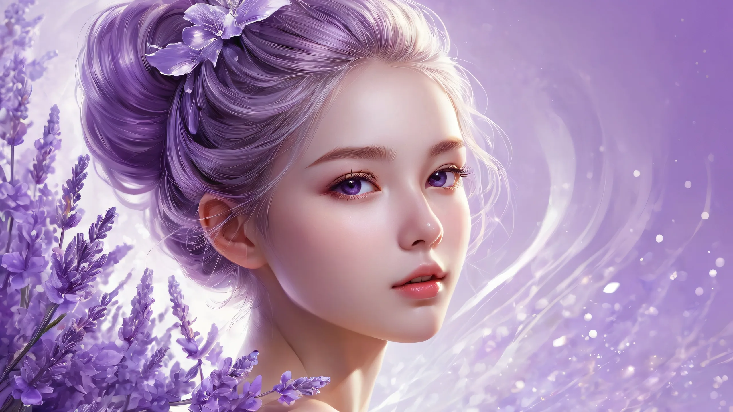 A majestic girl surrounded by a vast, pure void on a desktop/PC, with ethereal lighting and pristine clarity.