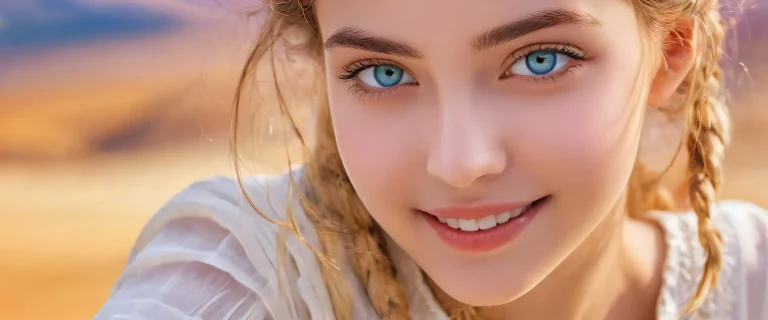 A stunning desktop wallpaper of a girl with captivating eyes and smile, rendered in extreme depth of field, emphasizing her beauty against a vast pure void background.