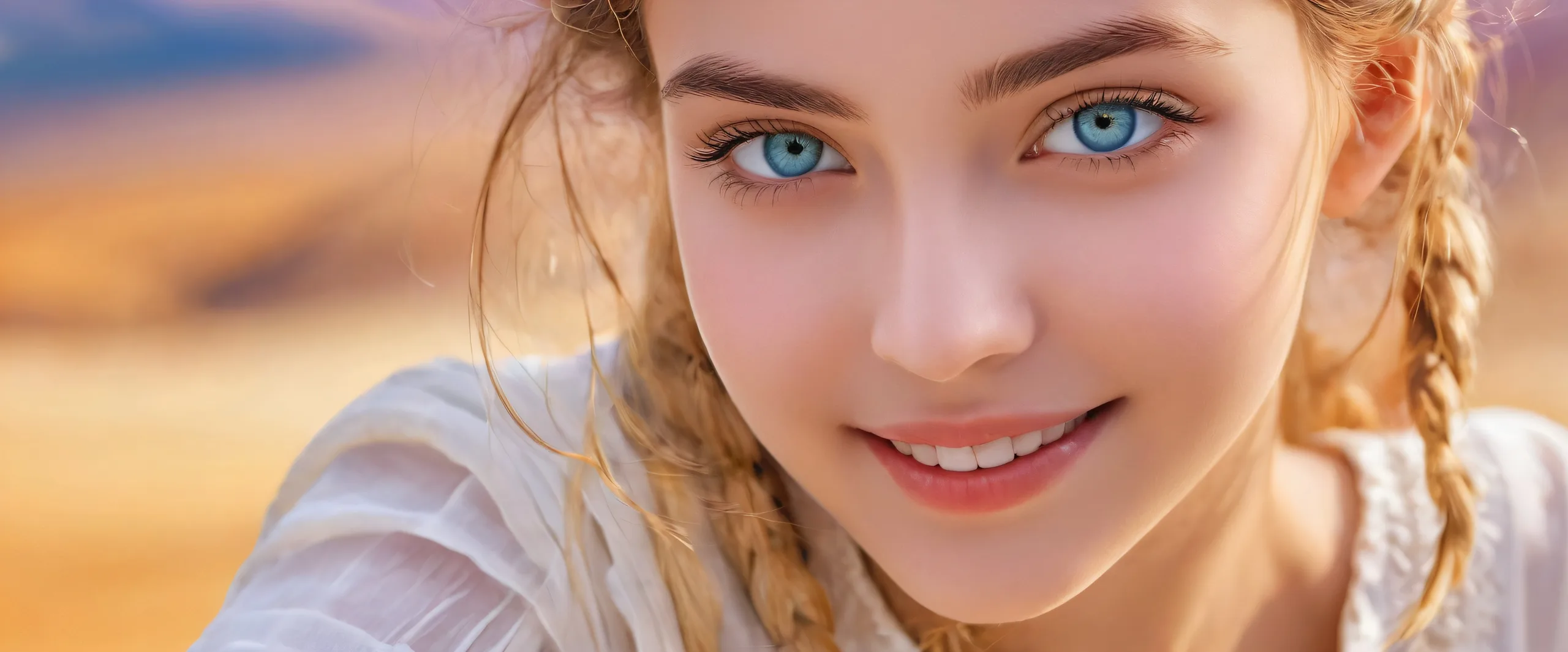 A stunning desktop wallpaper of a girl with captivating eyes and smile, rendered in extreme depth of field, emphasizing her beauty against a vast pure void background.