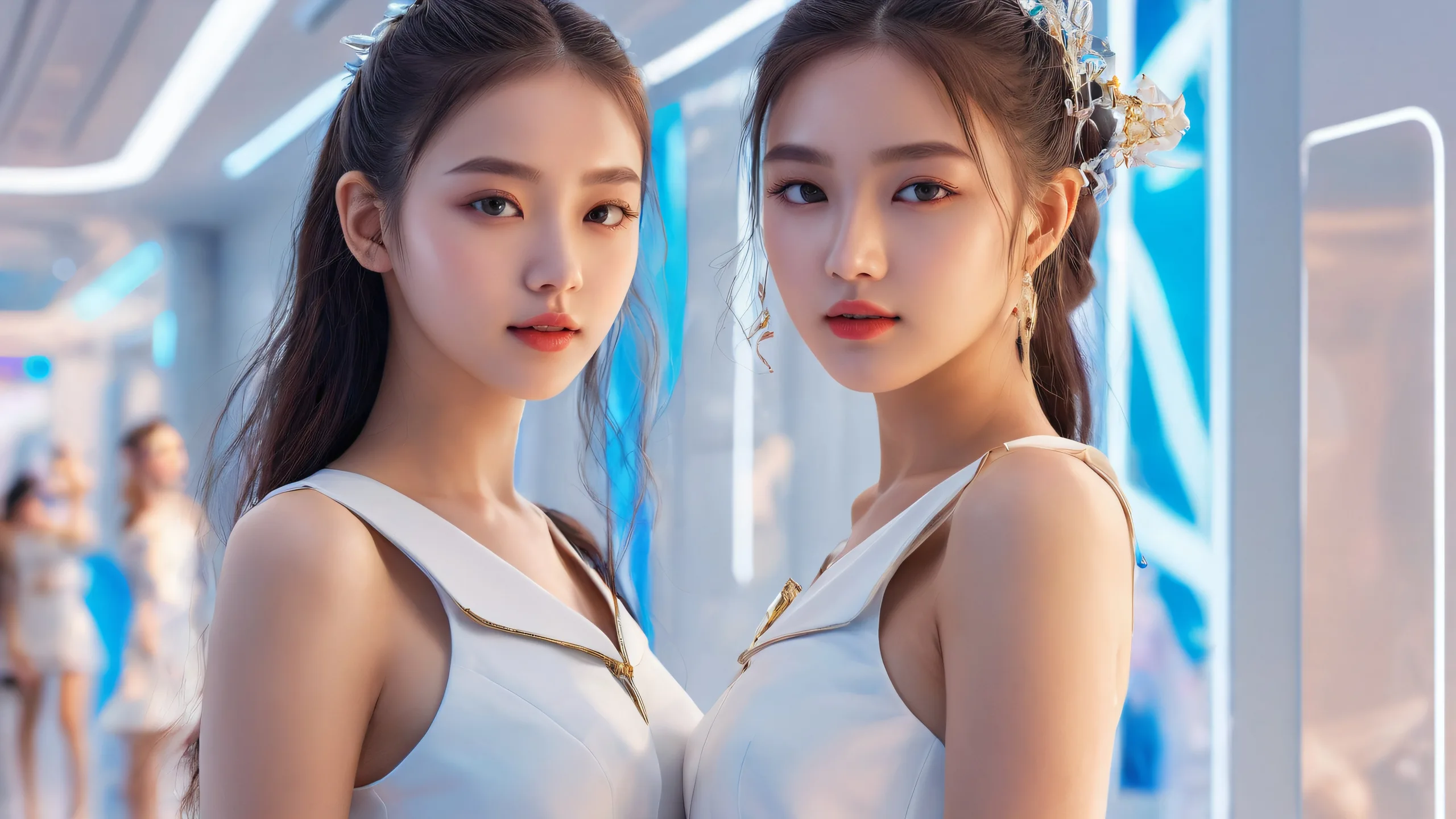 A stunning digital artwork of girls against a vast pure void with extreme depth of field and futuristic ambiance, perfect for desktop/pc use.