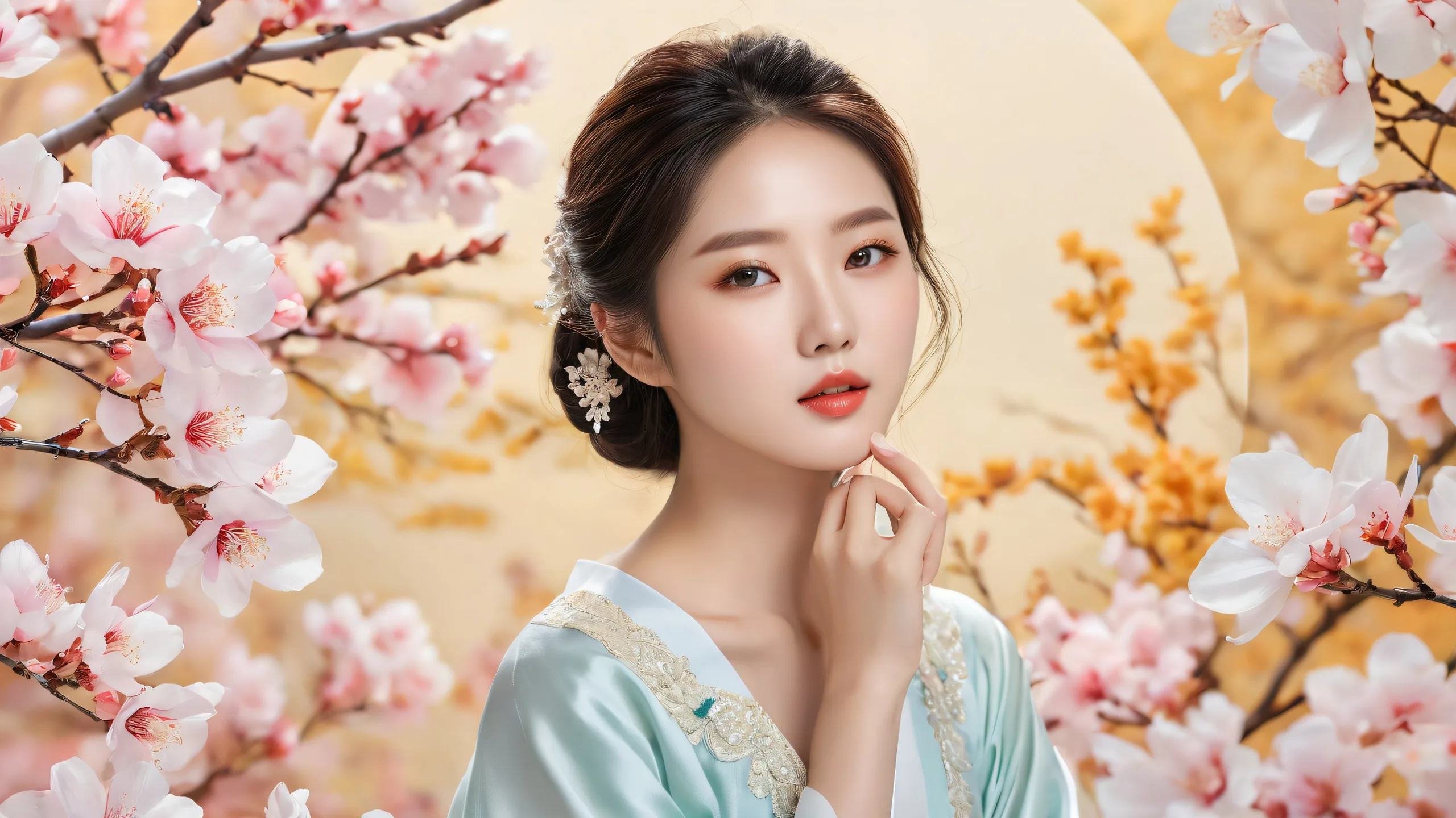 Radiant Korean model standing out against a vast pure void on a desktop/pc background.