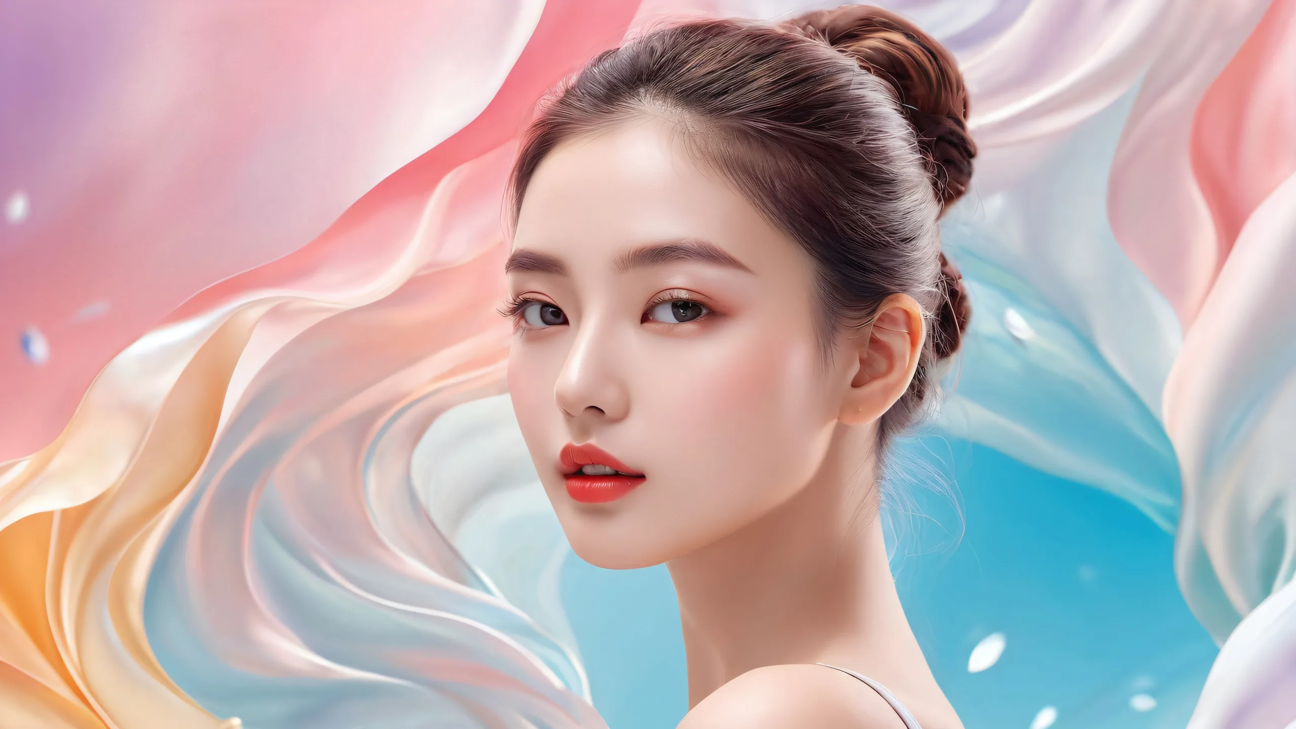 A radiant woman standing in a vast, pure void with extreme depth of field and infinite space, ideal for desktop/PC screens.