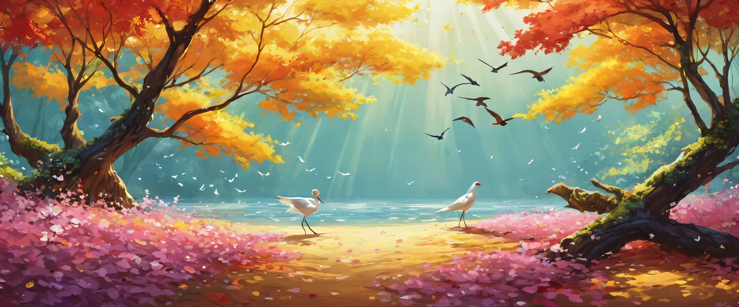Beautiful birds on a desktop/PC wallpaper with sunlight and leaves, for visually impaired users.