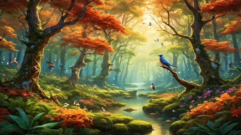 A serene desktop scene of birds in a forest, perfect for your PC or Desktop.