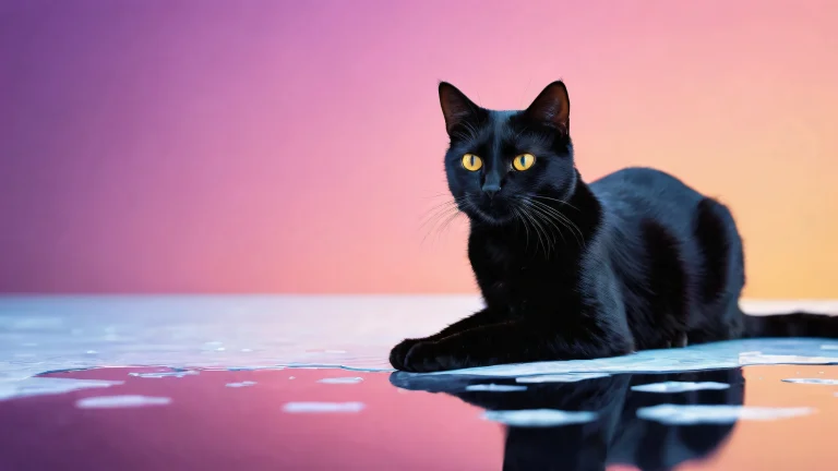 A majestic black cat stands out against a vast, pure void on your desktop/pc, with extreme depth of field and radiant colors.
