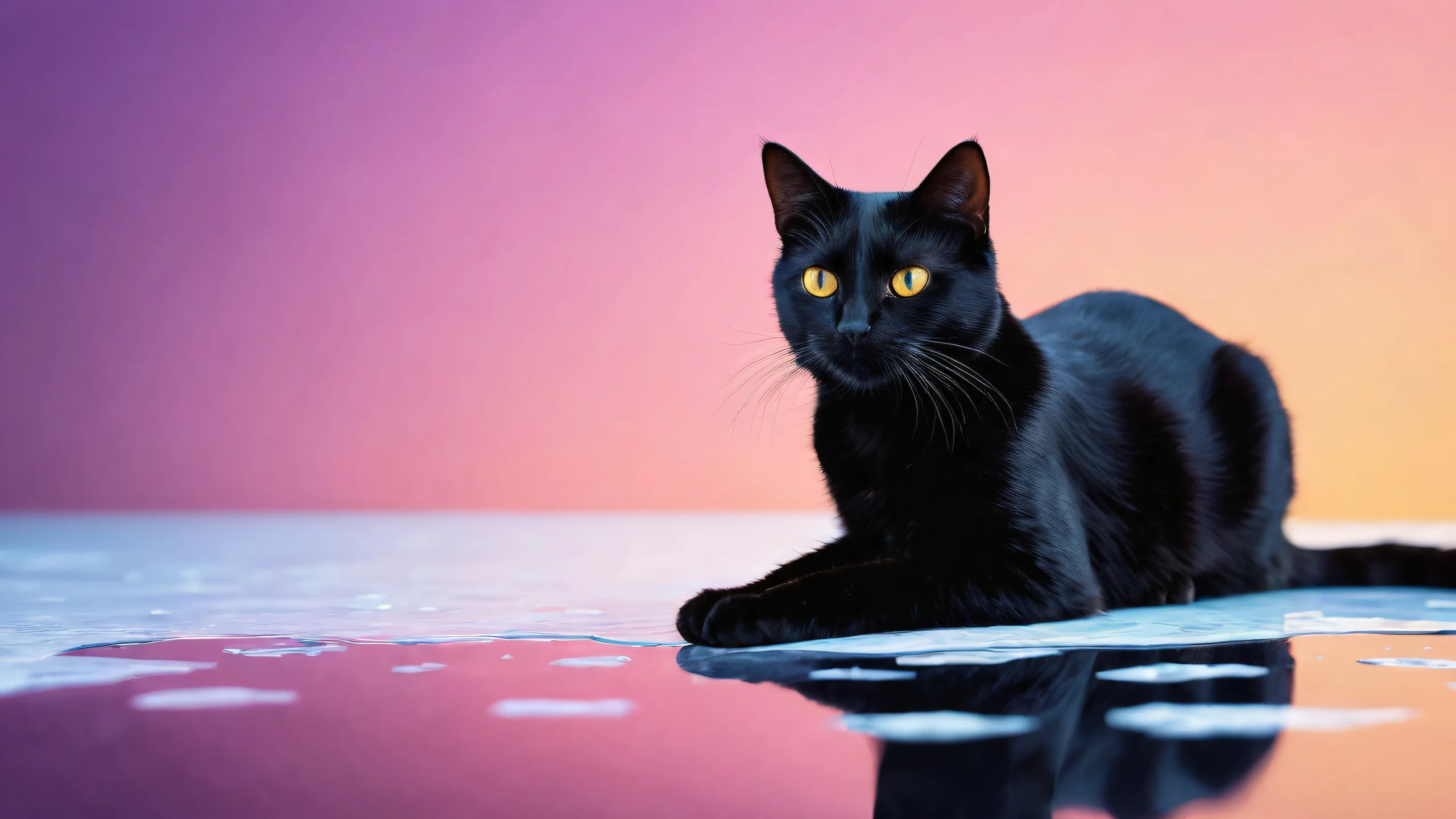 A majestic black cat stands out against a vast, pure void on your desktop/pc, with extreme depth of field and radiant colors.