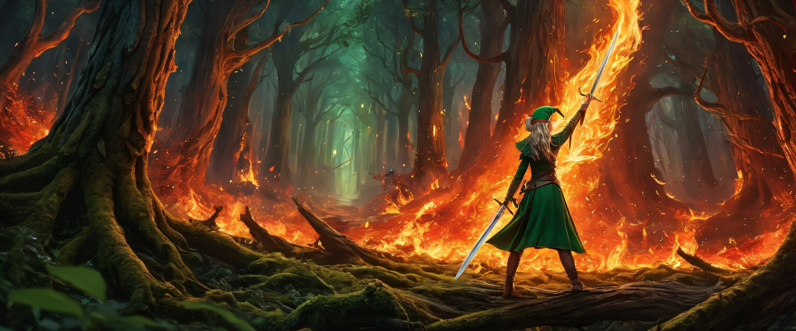 Elf girl wielding sword amidst firelit forest on a desktop/pc, perfect for screen readers.