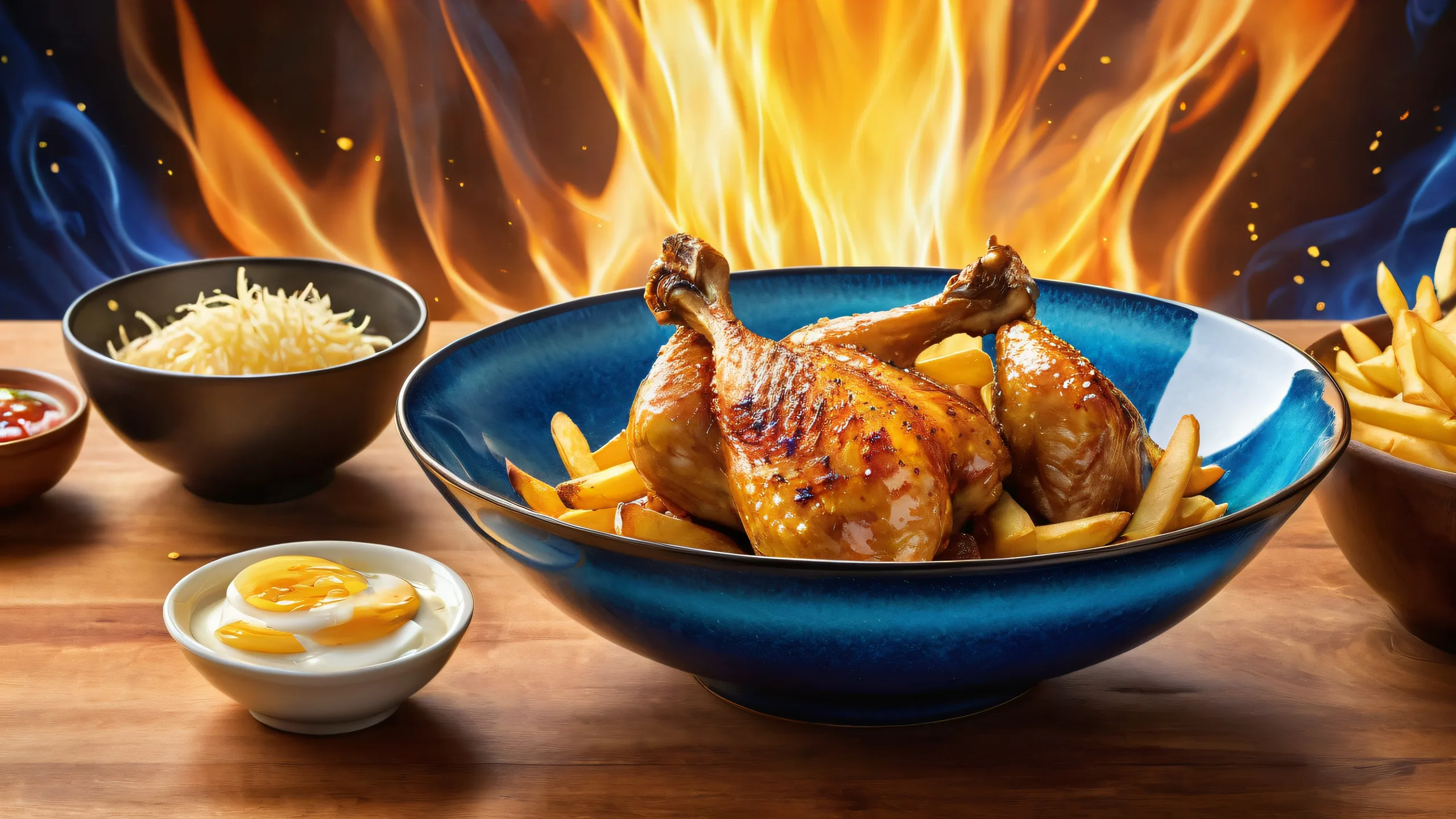 A stunning desktop wallpaper featuring Kamehameha in a vast pure void with a hint of steaming hot food atmosphere, ideal for your Desktop/PC.