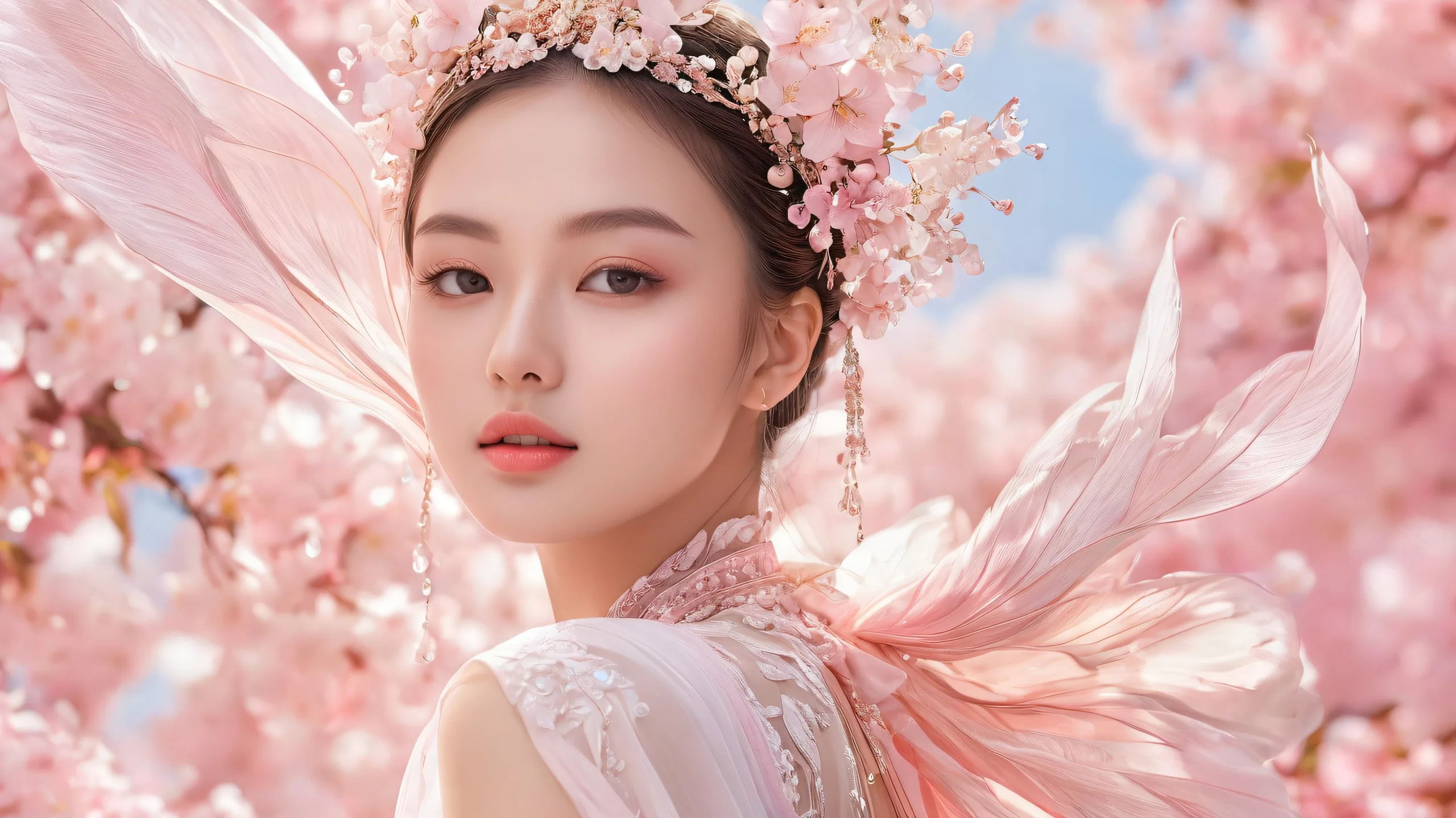 Beautiful feminine figures amidst a vast, pure void with ethereal lighting on a desktop or PC.