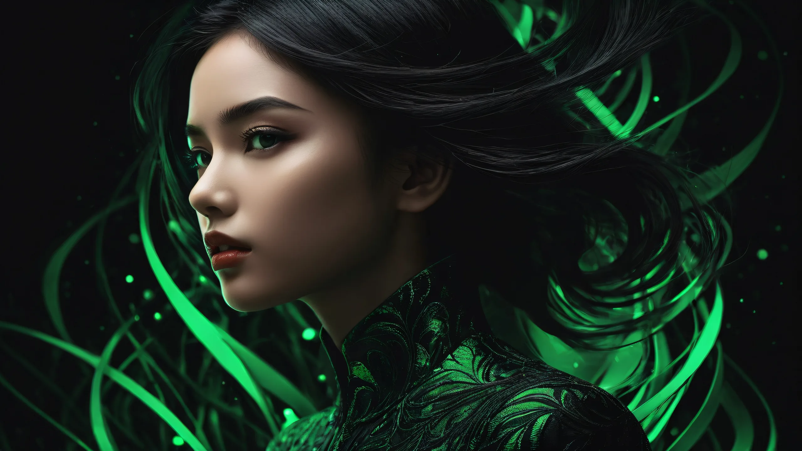 Girl in a vast, pure void with deep blacks and luminescent accents on a desktop or PC.