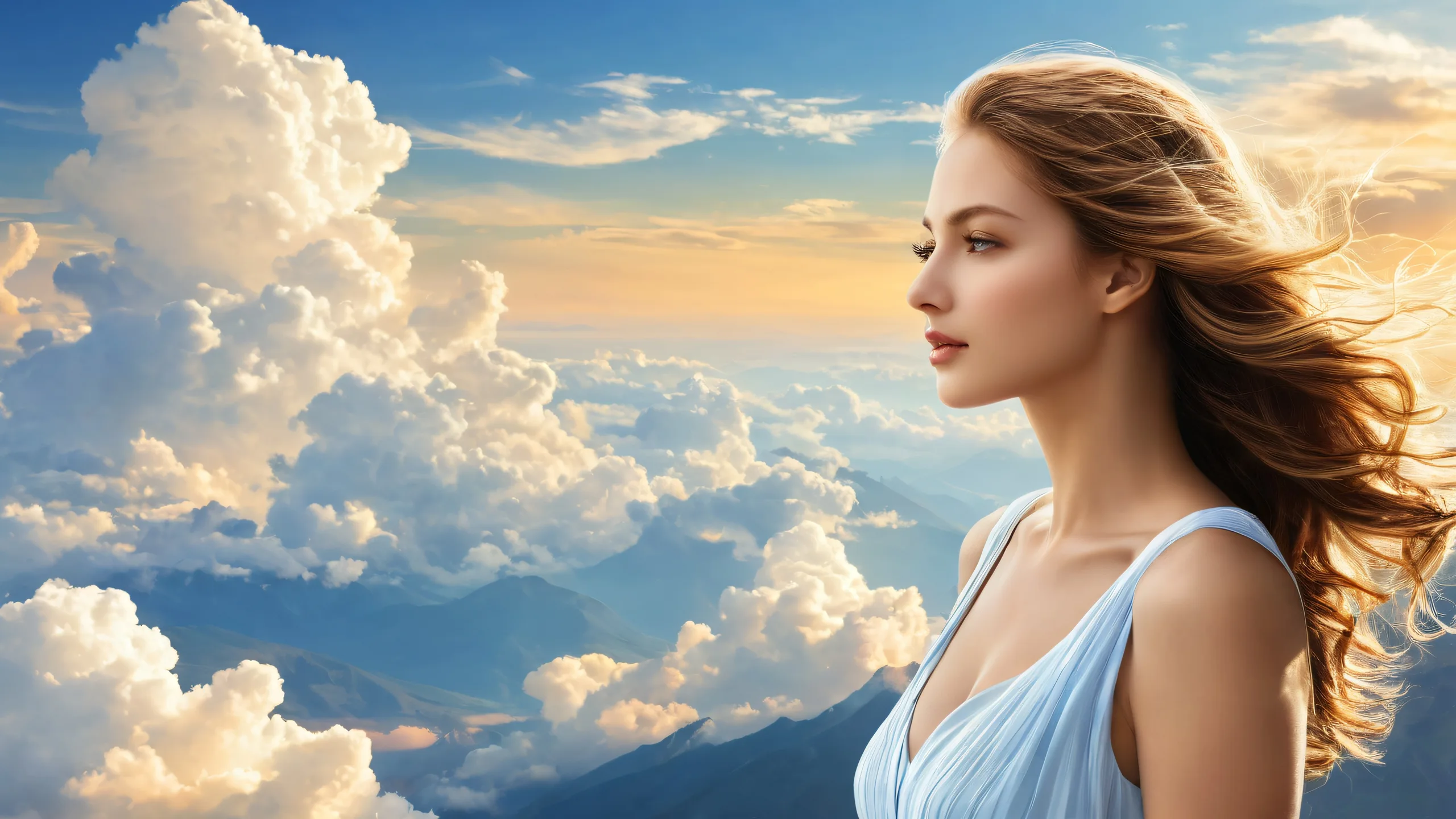 A serene desktop image featuring women outdoors amidst a vast, cloud-filled sky with warm sunlight and radiant colors for use on Desktop/PC.