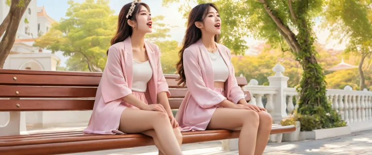 A serene Asian-inspired desktop scene of a woman sitting on a bench with crossed legs and tongue out, set against a vast pure void with extreme depth of field and pristine clarity, Perfekt für Ihren Desktop/PC.