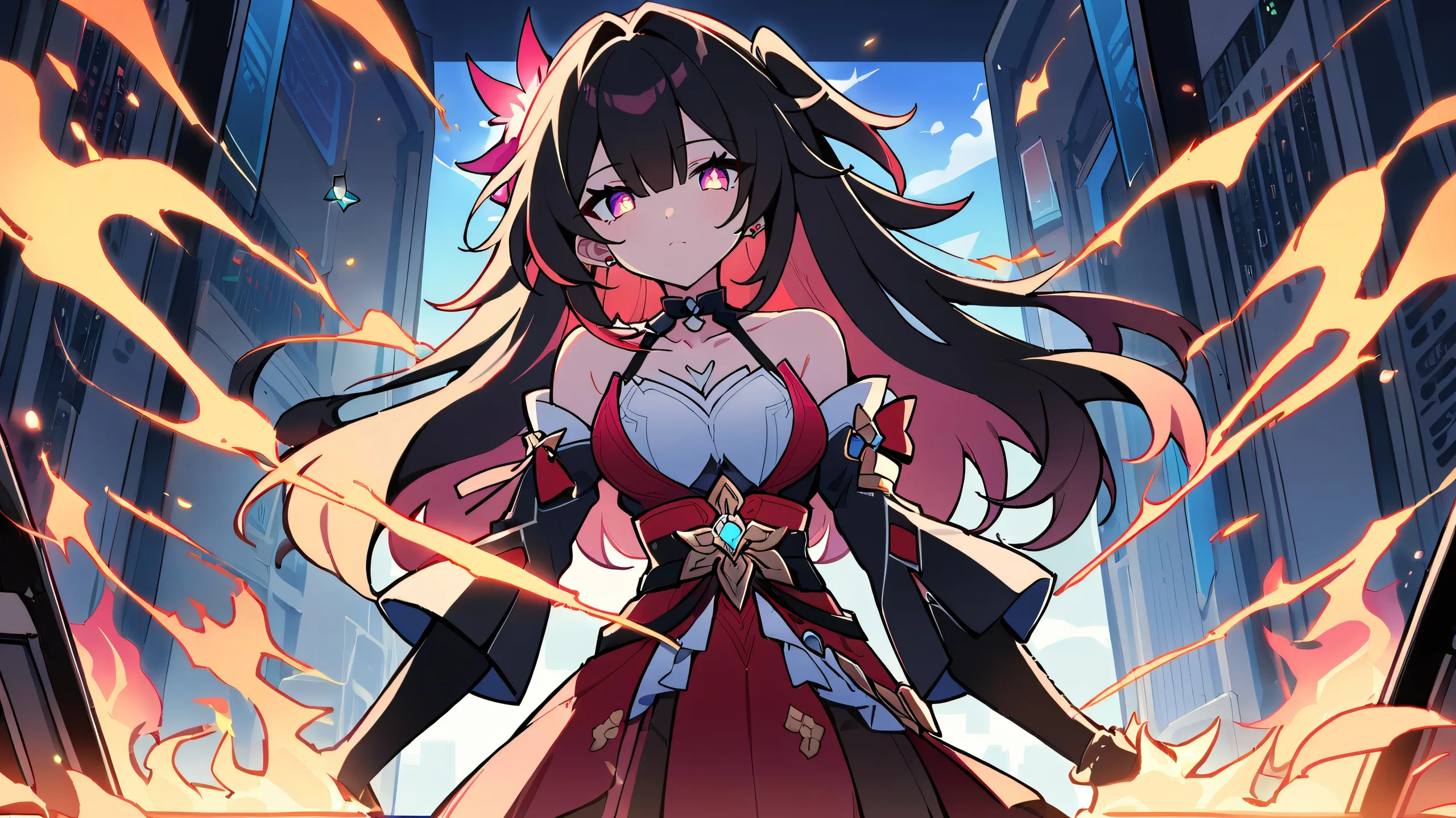 Girl gazing into pure void with pixelated flames on server box, desktop/pc background