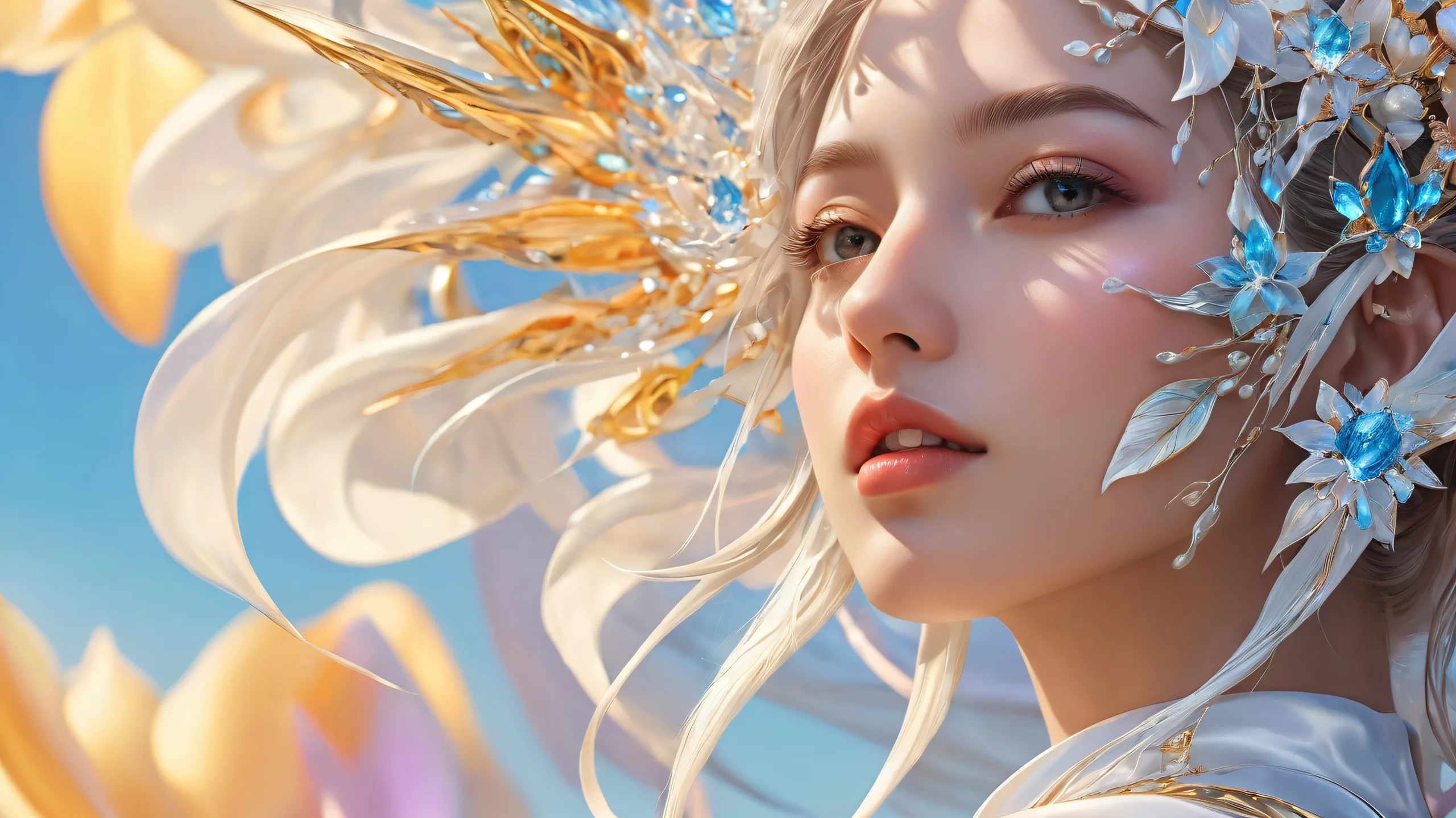 A serene and radiant desktop wallpaper featuring a woman amidst a vast, pure void with an extreme depth of field, perfect for your PC or Desktop.