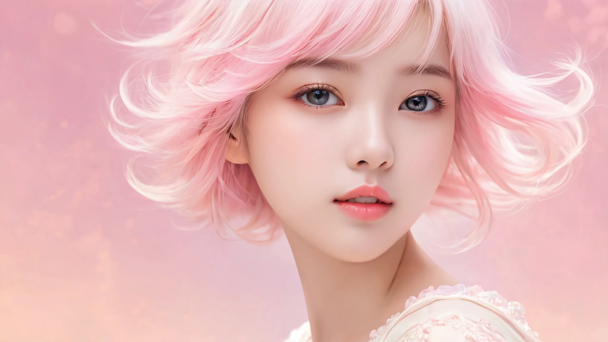 Beautiful digital artwork of a girl in a pristine void for desktop or PC backgrounds, with radiant colors and reflections.