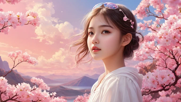 A stunning digital artwork of a girl in a vast, pure void on a desktop/PC background