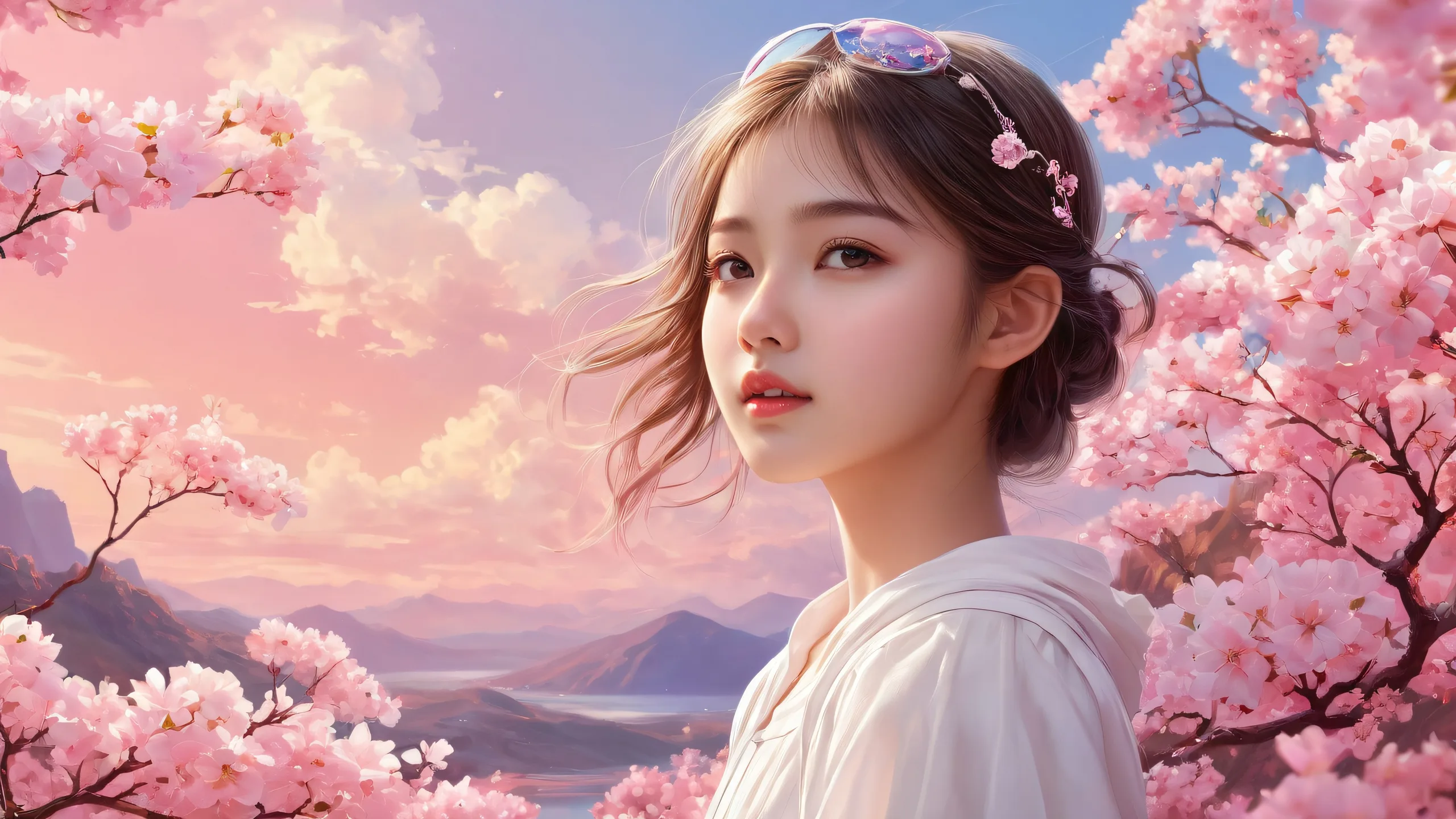 A stunning digital artwork of a girl in a vast, pure void on a desktop/PC background