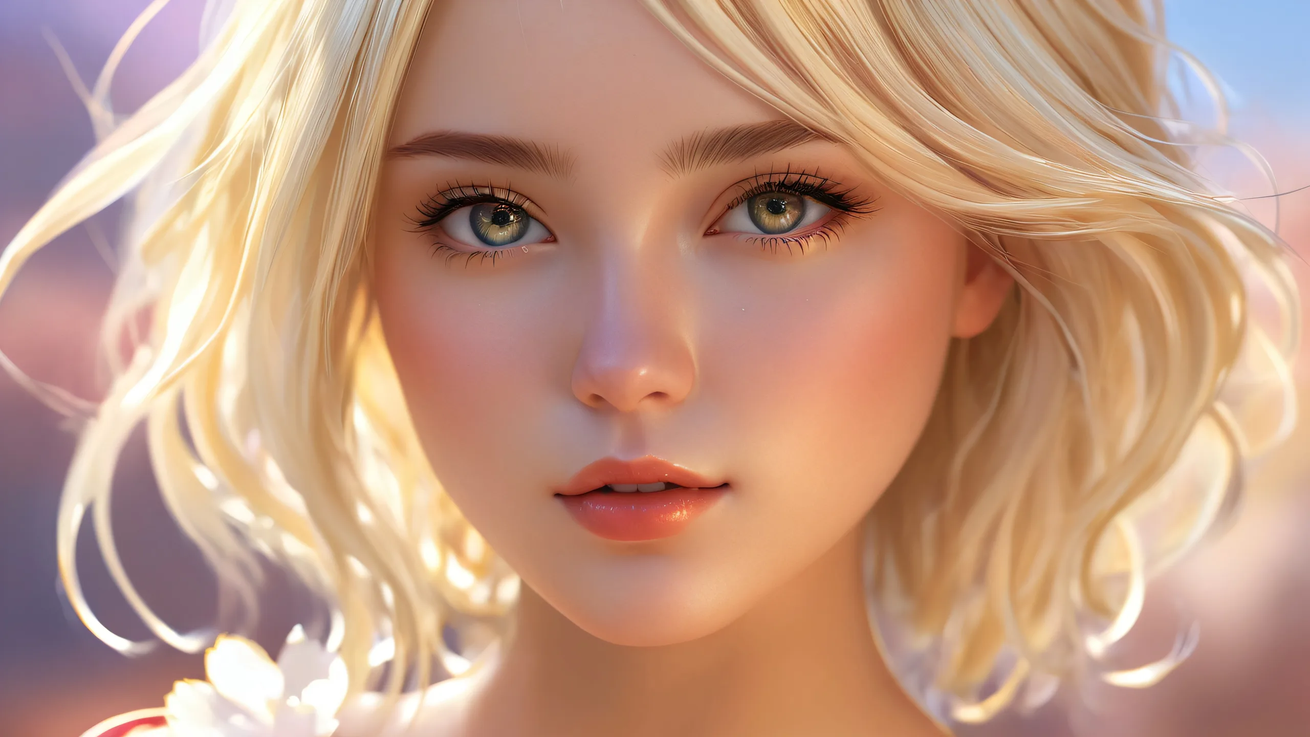 A stunning desktop image of a blonde girl amidst a vast, pure void with ethereal lighting and radiant colors for PC or Desktop use.
