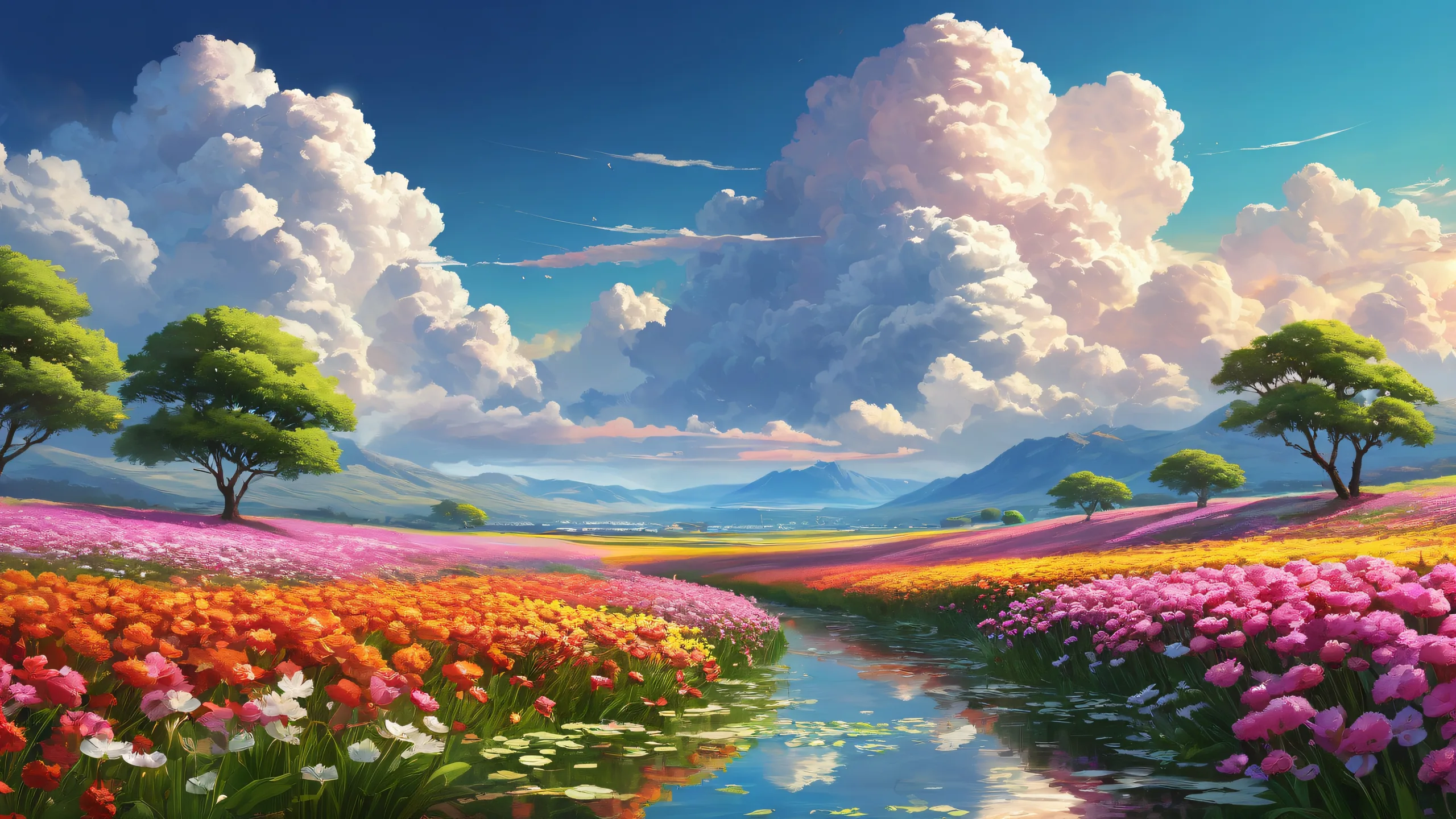 A breathtakingly beautiful desktop image of clouds and flowers on a pure void background for your PC or Desktop, featuring ethereal lighting and radiant colors.