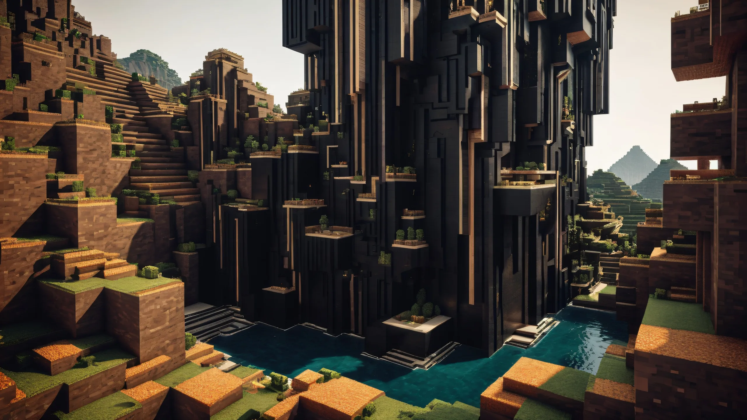 Minecraft-inspired architecture on a pure void Desktop/PC background with subtle graininess and exquisite details.