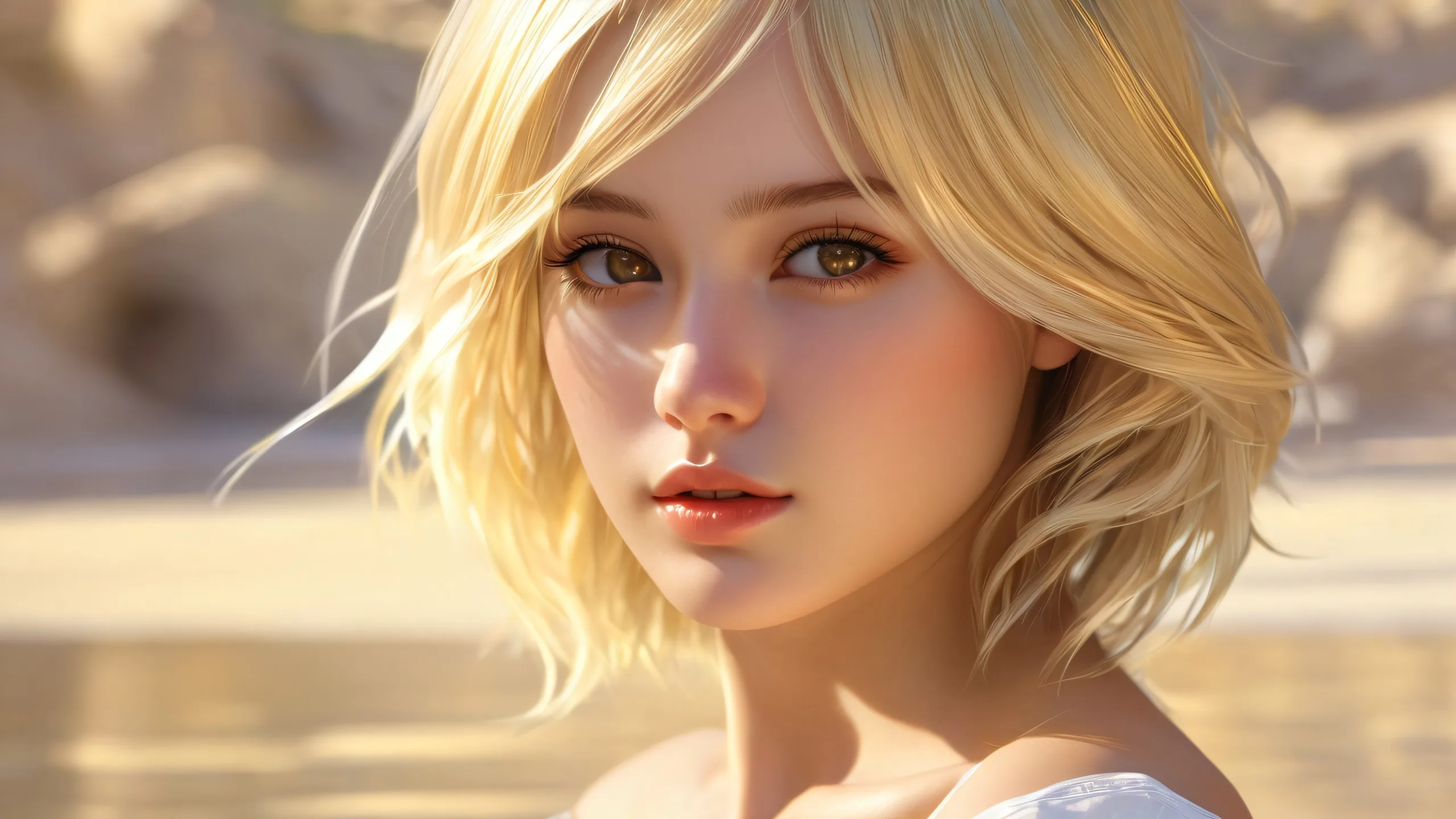 Ultra HD Ethereal Blonde Portrait Wallpaper A beautiful blonde girl sits in a vast, pure void against an ethereal background. Suitable for desktop/pc backgrounds.