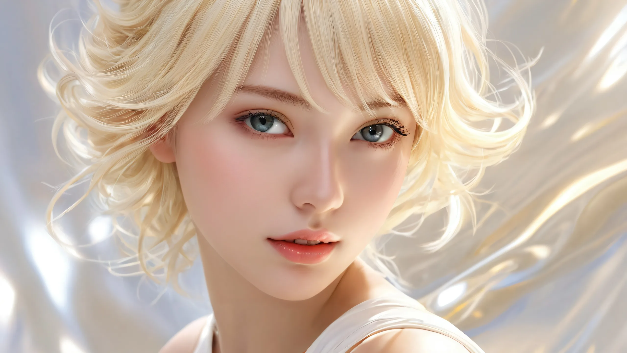 A stunning desktop wallpaper of a girl surrounded by a vast, pure void, ideal for use on Desktop/PC screens.