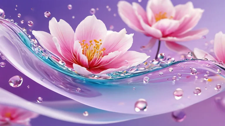 A desktop/pc wallpaper featuring ethereal floral waves suspended in a vast pure void with particles and gentle droplets.