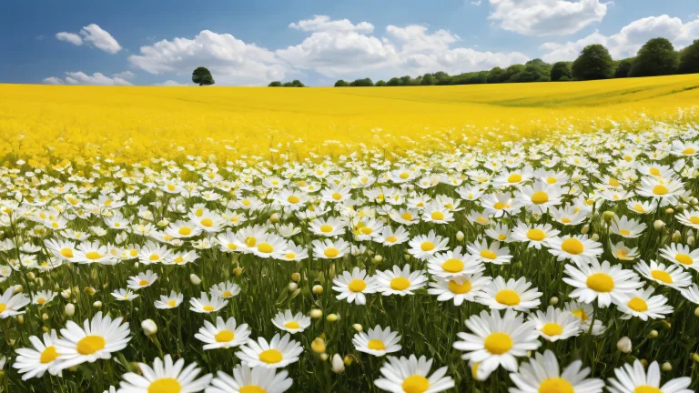 A serene and vibrant field with white and yellow flowers on a perfectly clean vast pure void, ideal for a desktop or PC.