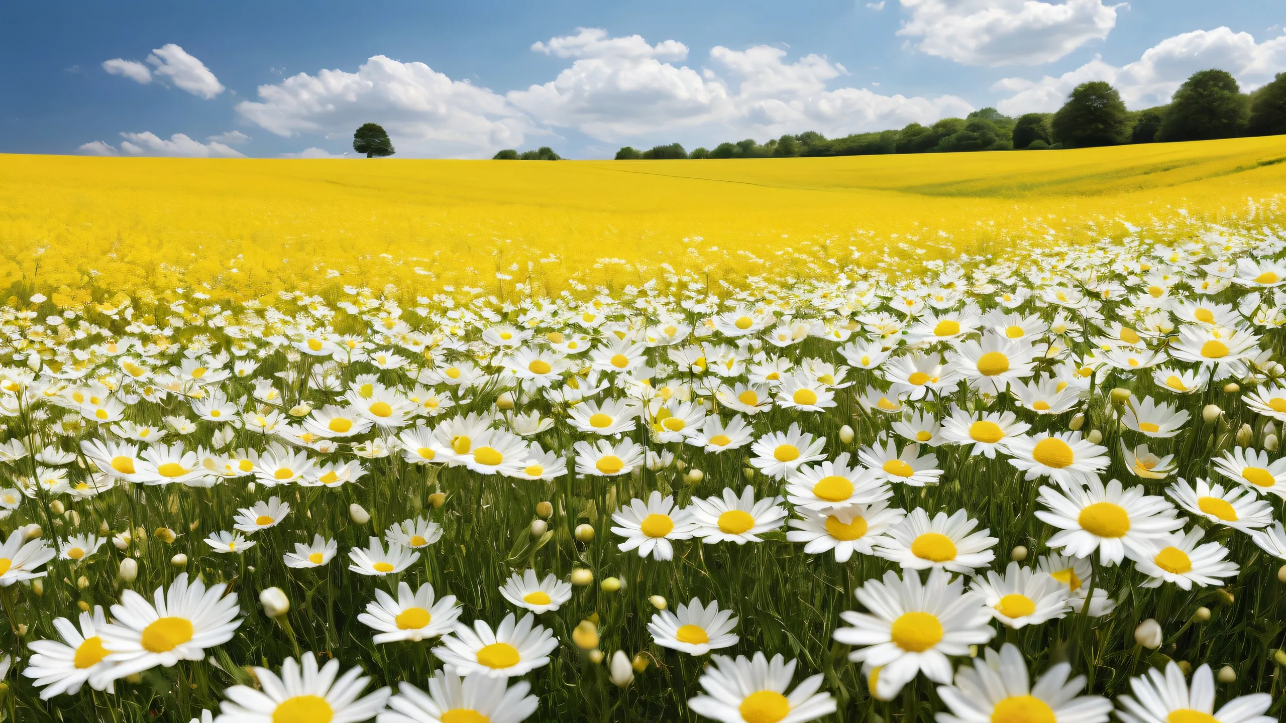 A serene and vibrant field with white and yellow flowers on a perfectly clean vast pure void, ideal for a desktop or PC.