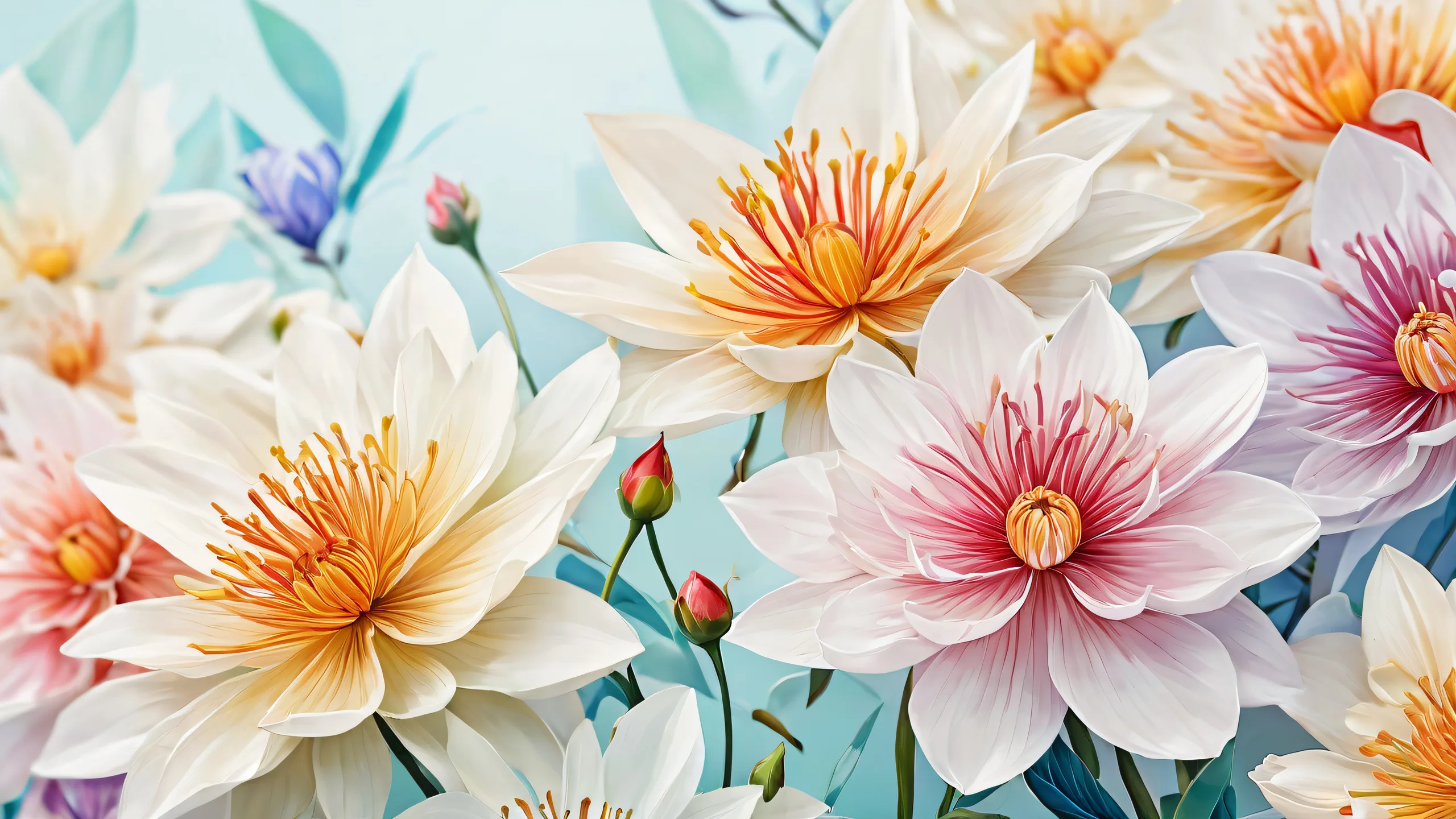 Desktop/PC wallpaper featuring centered flowers in a vast pure void with intricate paper textures and ethereal lighting.