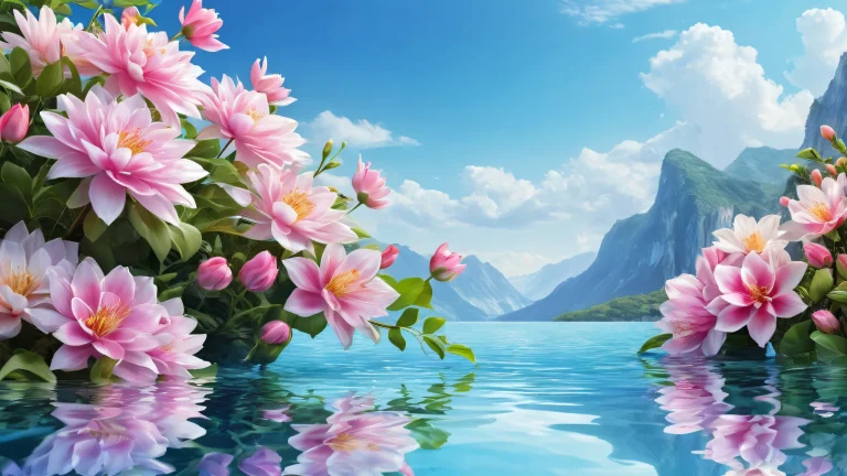 Desktop/PC wallpaper featuring vibrant flowers and serene water in an award-winning digital art design.