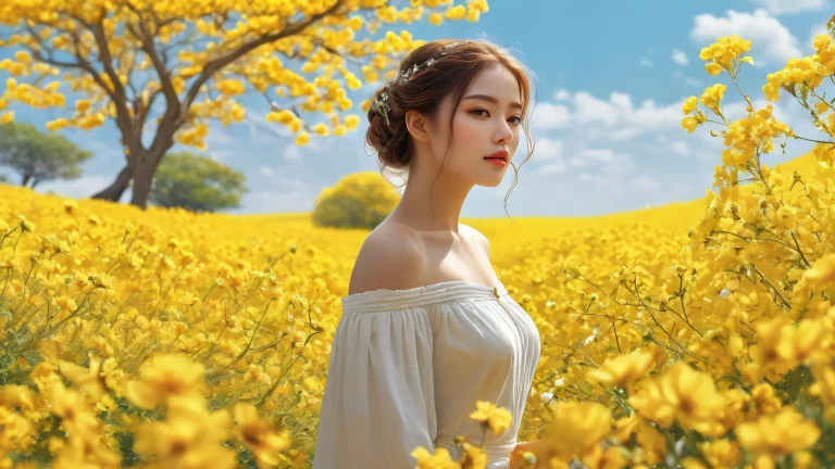 Une scène de bureau sereine d'une femme au milieu de fleurs dans un vide pur avec un ciel clair et des couleurs éclatantes pour ordinateur de bureau/PC.