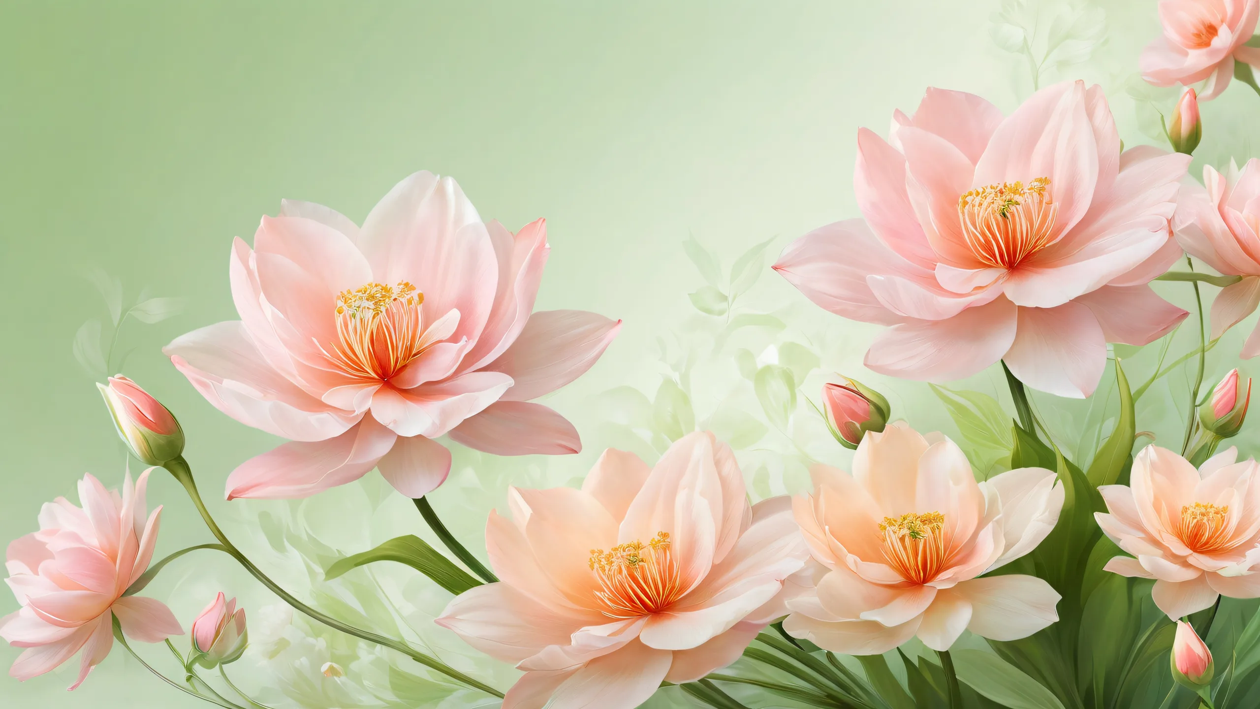 Beautiful desktop wallpaper of blooming flowers on a clean pure void with misty atmosphere and subtle reflections, suitable for Desktop/PC