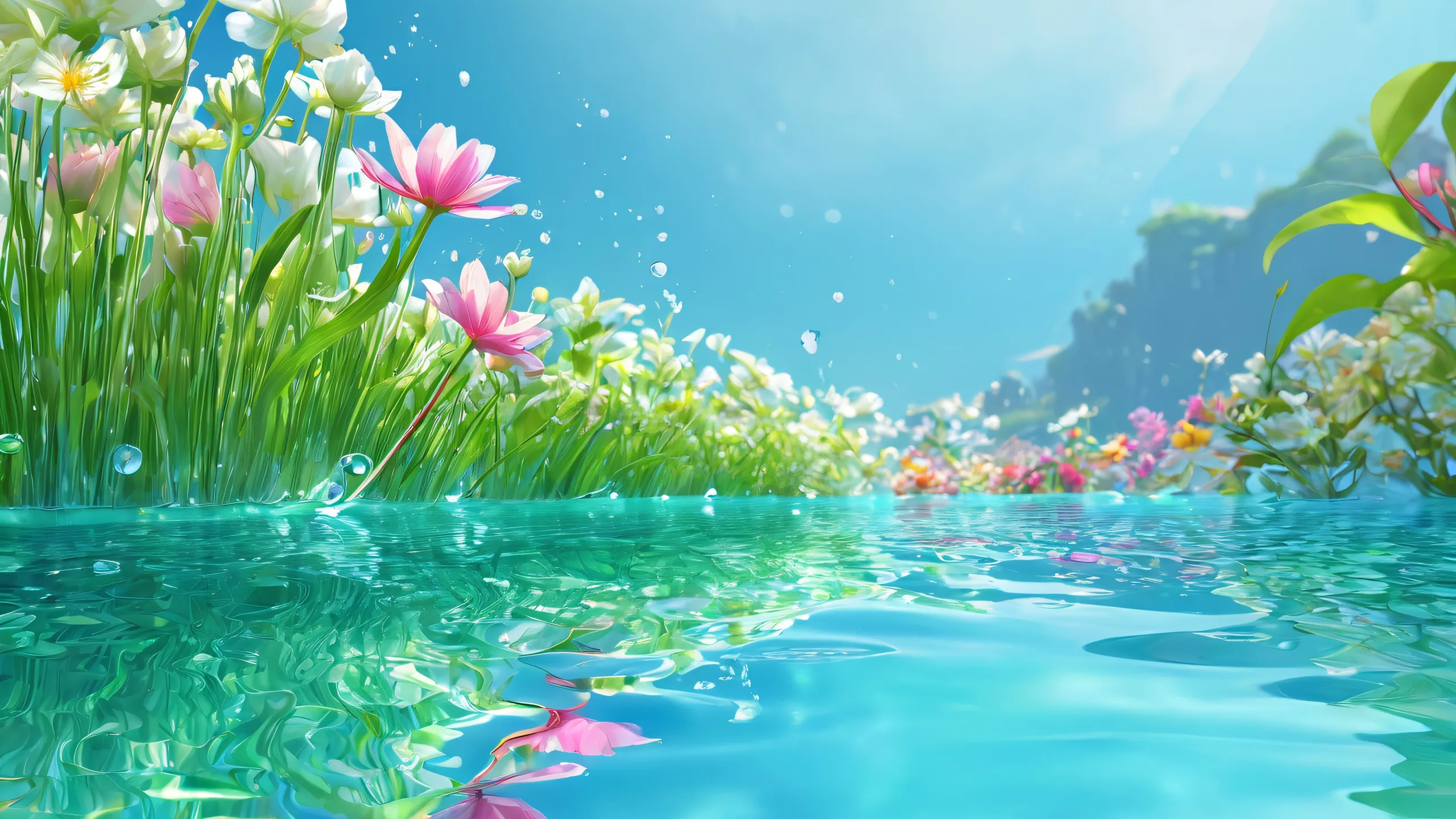 A serene desktop scene featuring a vibrant flower oasis set against a vast, pure void, with suspended particles and gentle ripples on the water, perfect for your Desktop/PC
