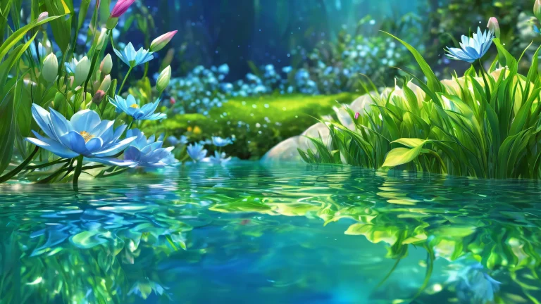 Beautiful desktop wallpaper of flowers and water in a pure void, perfect for Desktop/PC backgrounds.