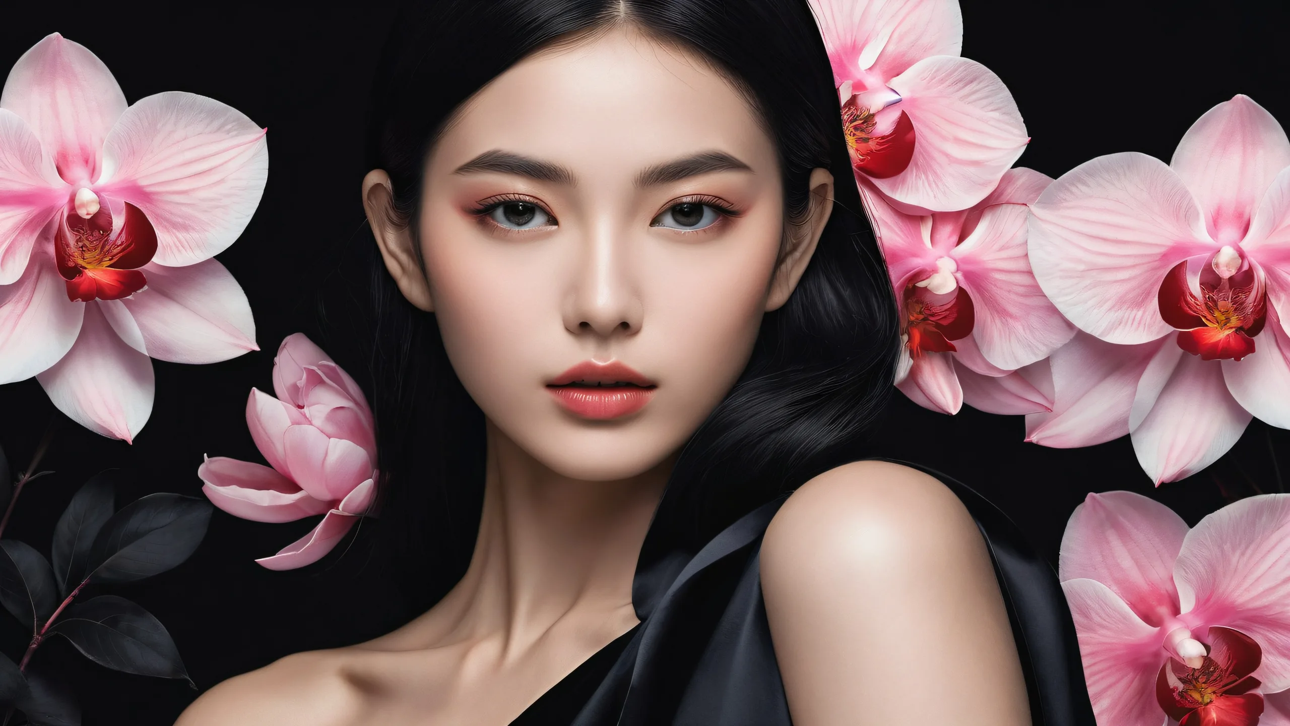 Beautiful desktop wallpaper featuring a woman in a pristine void with deep blacks and luminescent accents, perfect for a dark mode PC or Desktop.