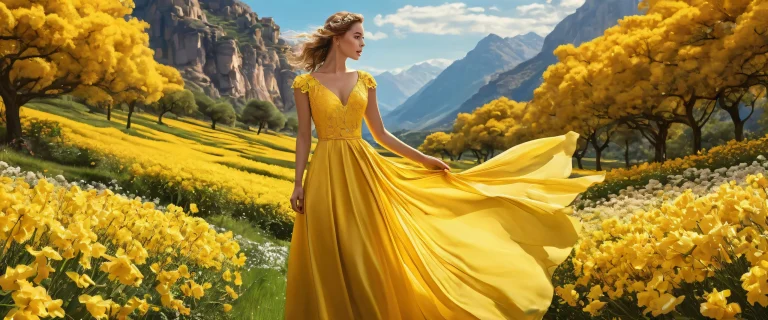 Women in yellow dress with flowers against a vast pure void, suitable for Desktop/PC background.