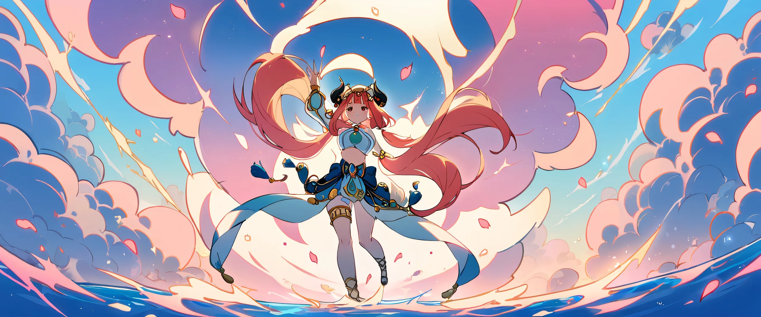 Girl standing alone amidst a vast, pure void with cherry blossom petals scattered in the background on Desktop/PC.