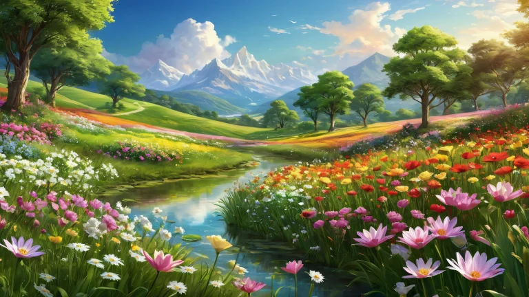 Serene desktop wallpaper featuring flowers, grass, and sky on a clean void background for PC or Desktop.