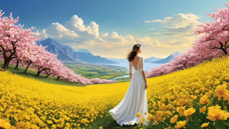 A stunning desktop wallpaper featuring a model amidst pure void, with clear sky and flowers, perfeito para PC ou Desktop.