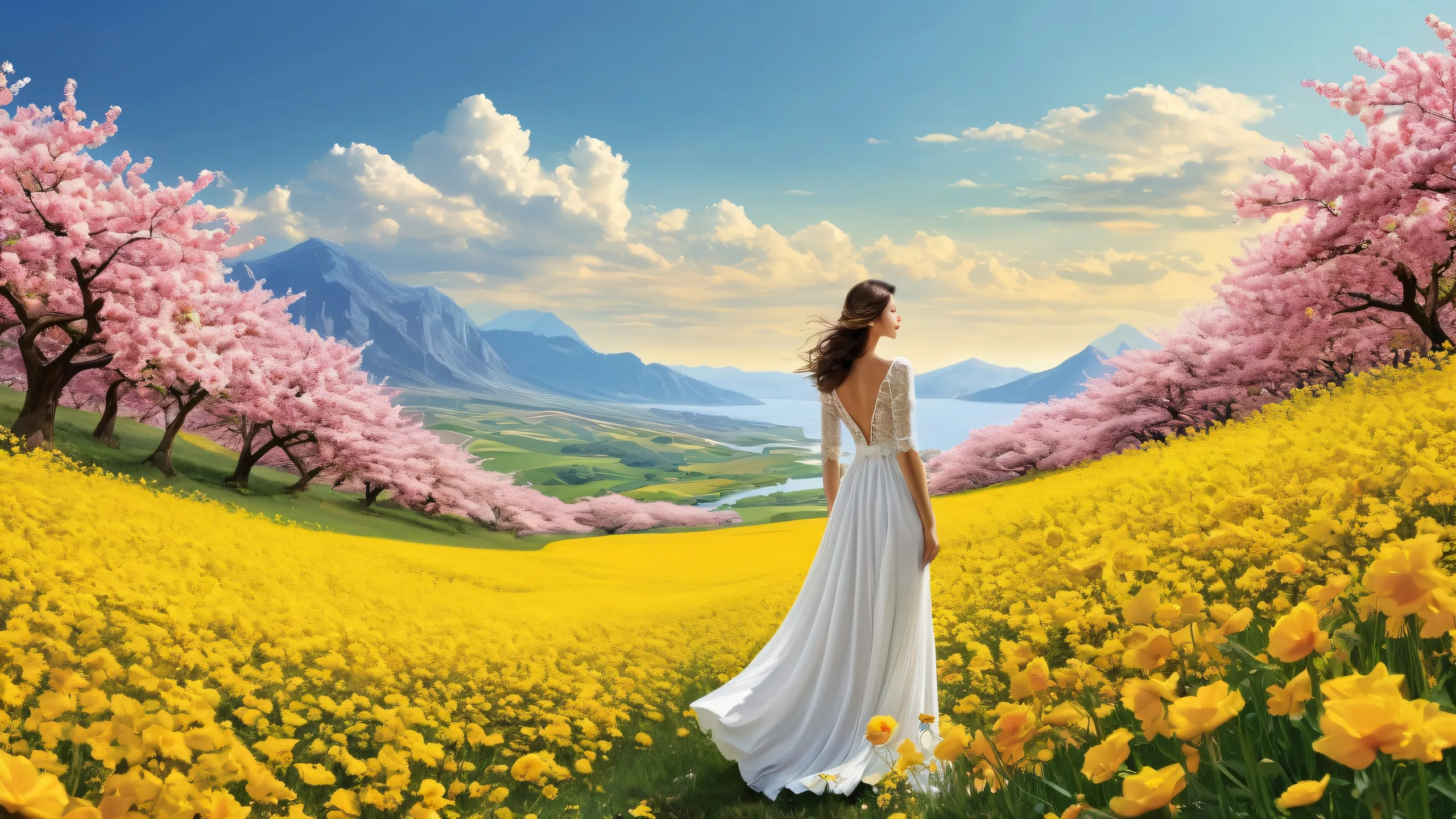 Stunning Ethereal Blooms in Vastness WallpaperPCまたはデスクトップに最適 A stunning desktop wallpaper featuring a model amidst pure void, with clear sky and flowers, perfect for PC or Desktop.