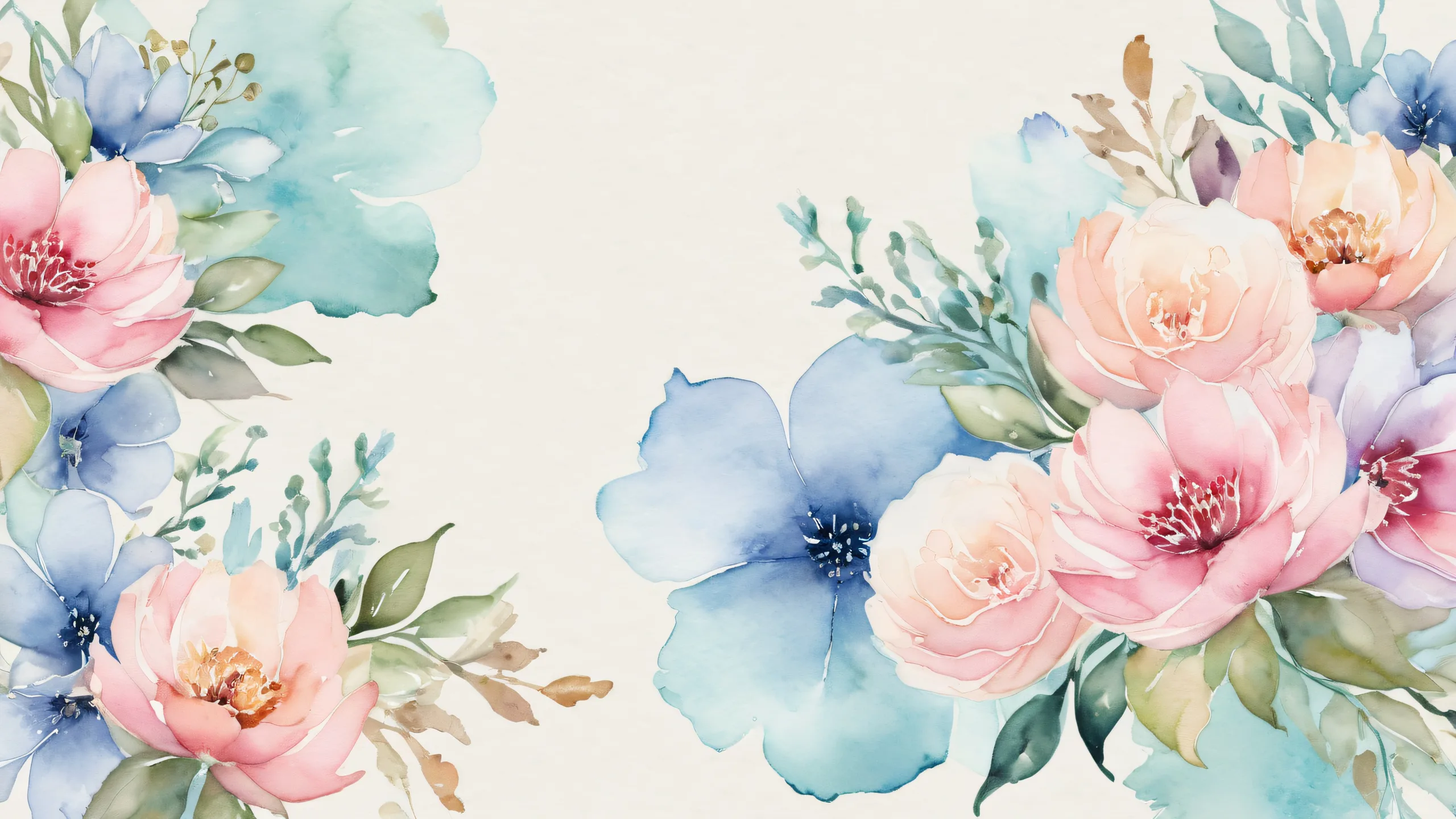 Vast pure void with delicate watercolor blooms on a desktop or PC.