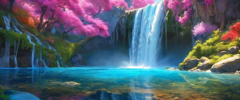 A serene desktop wallpaper of a majestic waterfall on a pristine blue background for your PC or Desktop.