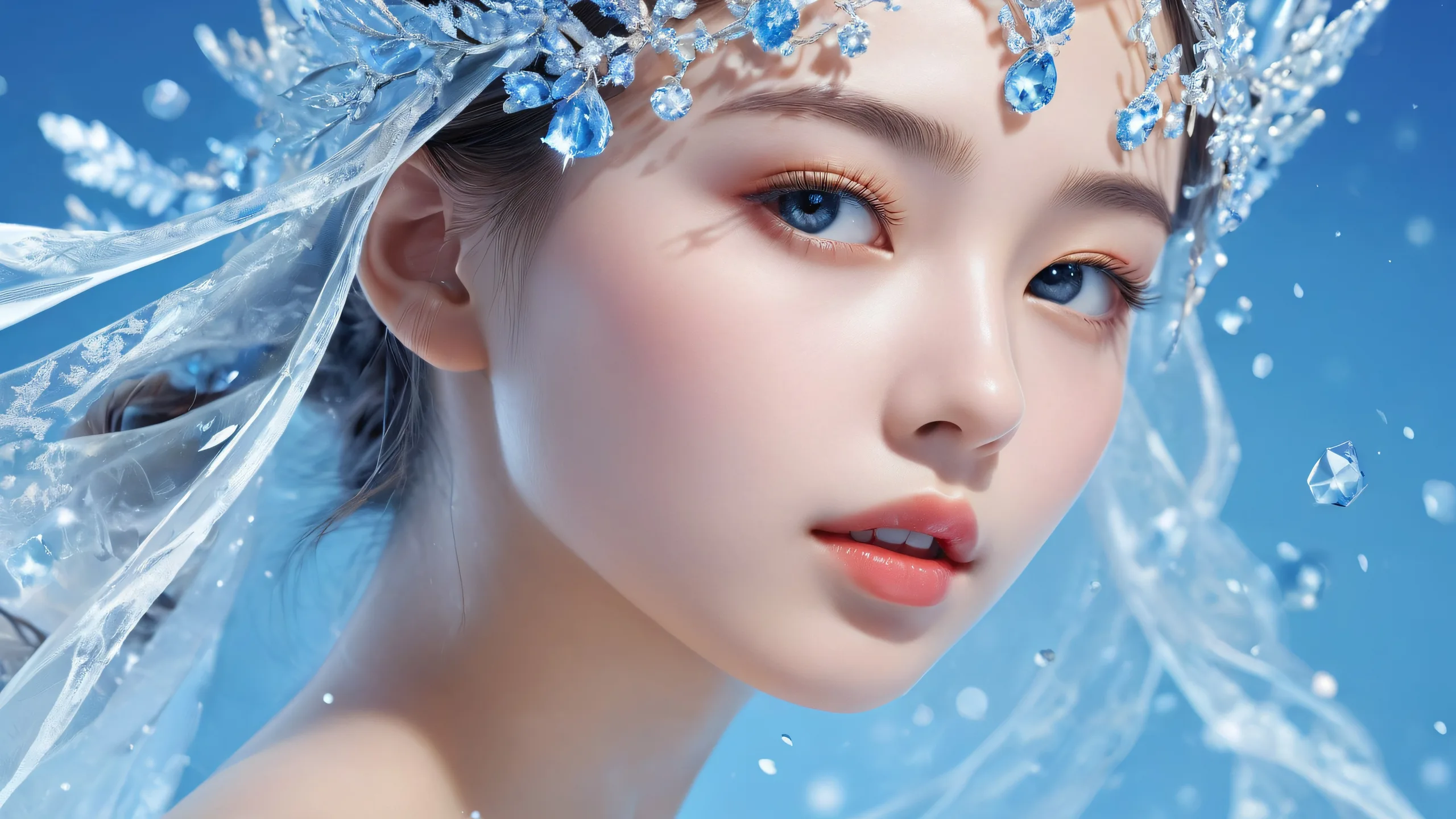 A stunning desktop wallpaper of a girl in a vast pure void against an frozen blue backdrop for PC and Desktop use, perfect for fans of fantasy and digital art.