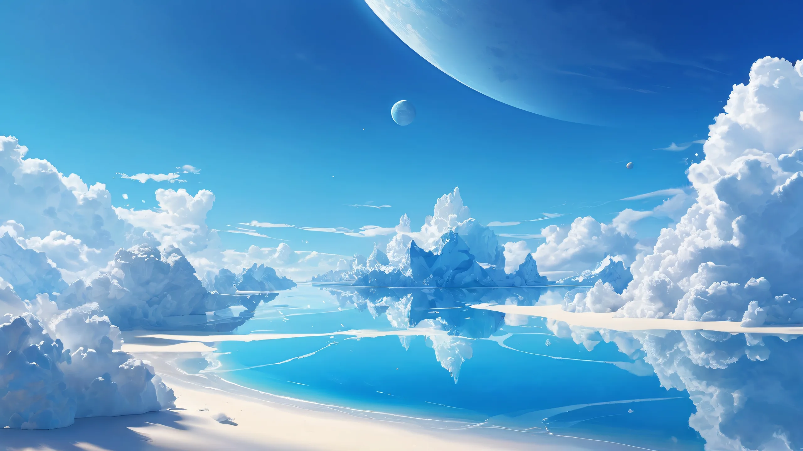A serene and majestic blue sky with clouds on a perfectly clean and vast desktop/pc background.