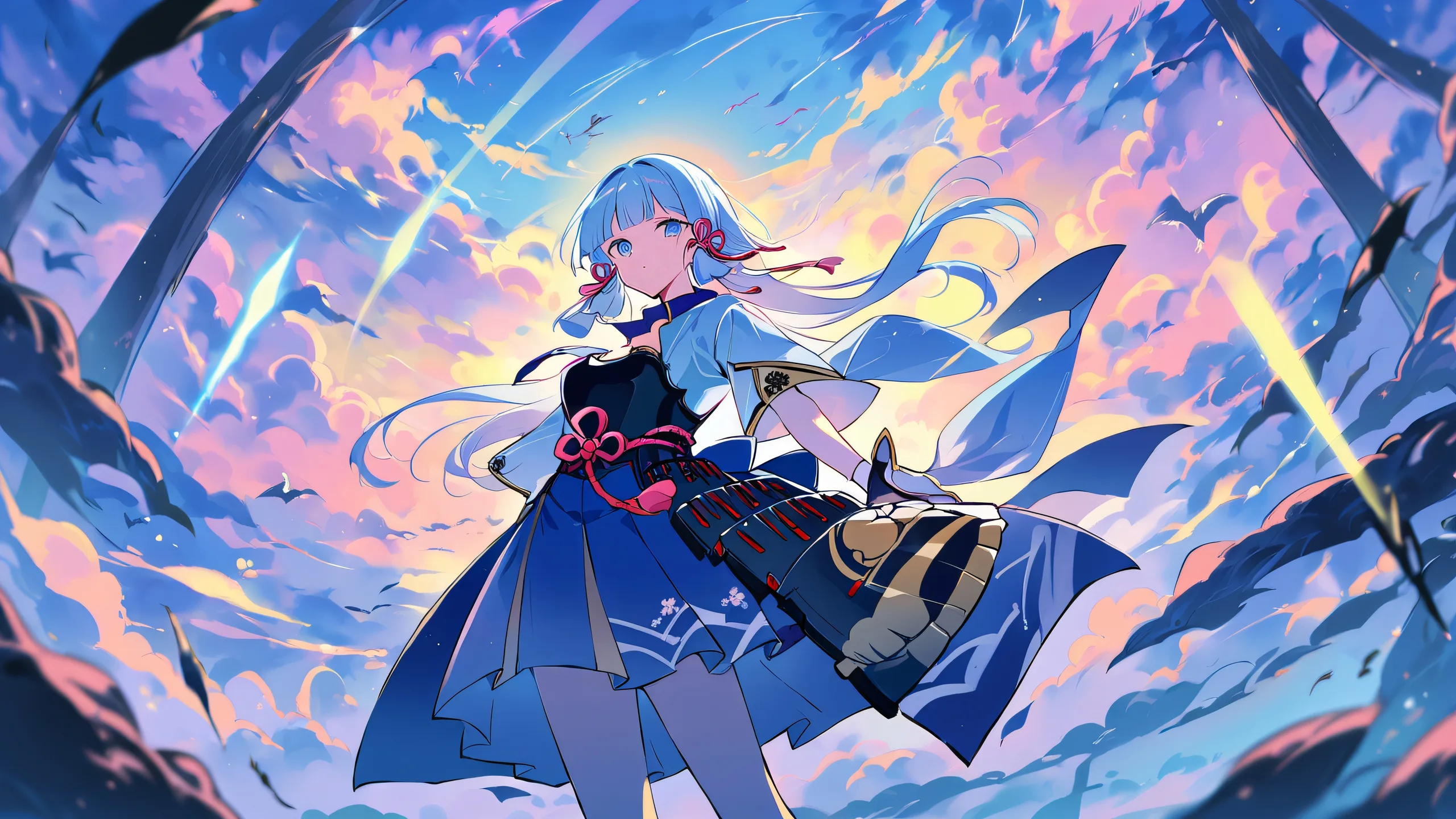 A serene desktop image featuring Kamisato Ayaka from Genshin Impact set against a bright blue sky, with birds flying in the distance on a PC/ Desktop.