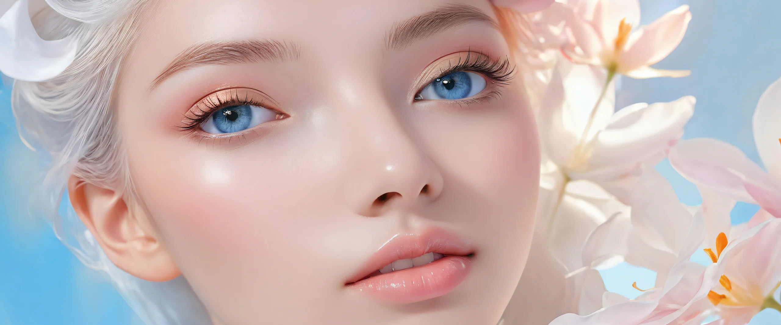 Ethereal Blue Horizon Aesthetic PC Wallpaper Stunning desktop wallpaper of a beautiful face in a vast pure void with radiant lighting and brilliant colors. Suitable for Desktop/PC.