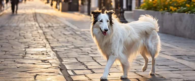 Un majestueux chien barzoï debout sur un trottoir urbain immaculé, entouré d'un vide infini, parfaitement éclairé par les couleurs éthérées du lever du soleil, adapté aux arrière-plans de bureau/PC.